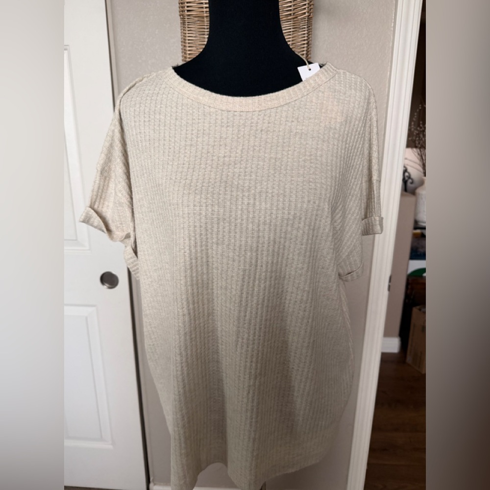 Relaxed Cream Ribbed Short Sleeve Top